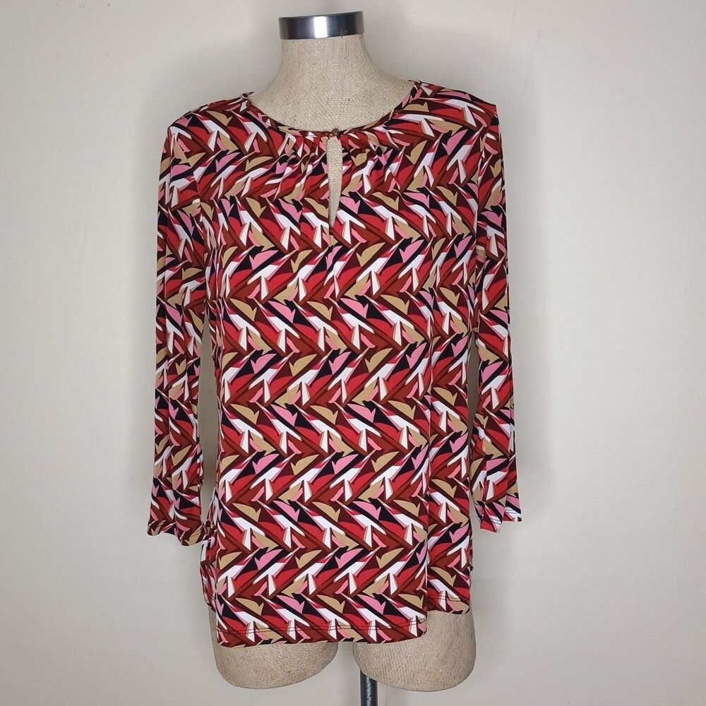 Liz Claiborne Sz Small Long Sleeve Tunic Top Artsy Career Office Red  Geometric